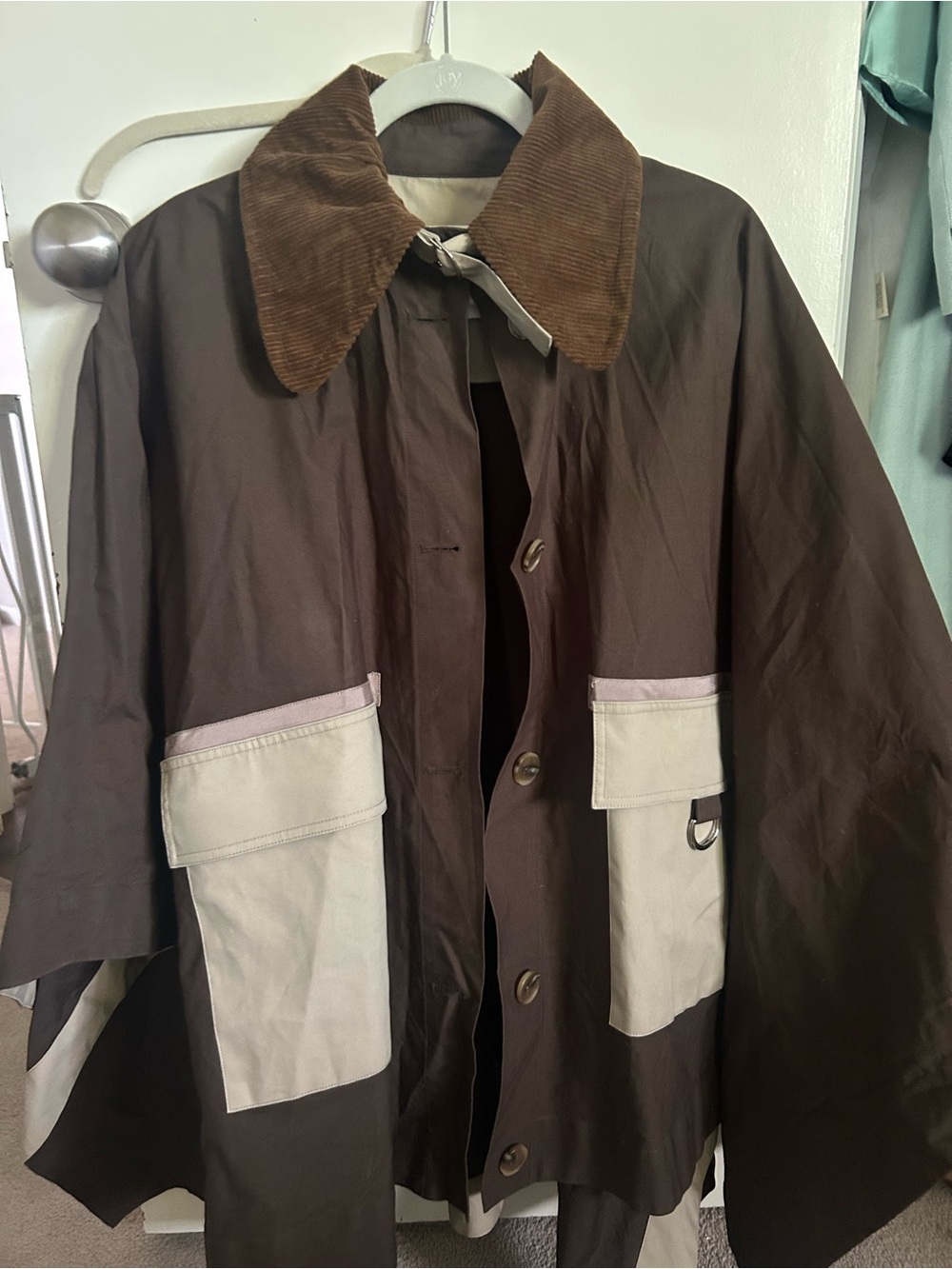SEA New York Carolina Poncho  Brown Raincoat with Cream Pockets